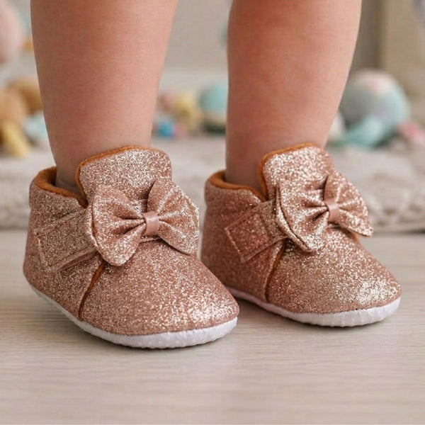Baby Girls Cotton Velcro Partywear Brown Bow Shoes-BT1768