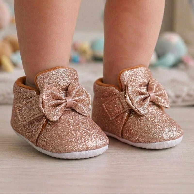 Baby Girls Cotton Velcro Partywear Brown Bow Shoes-BT1768