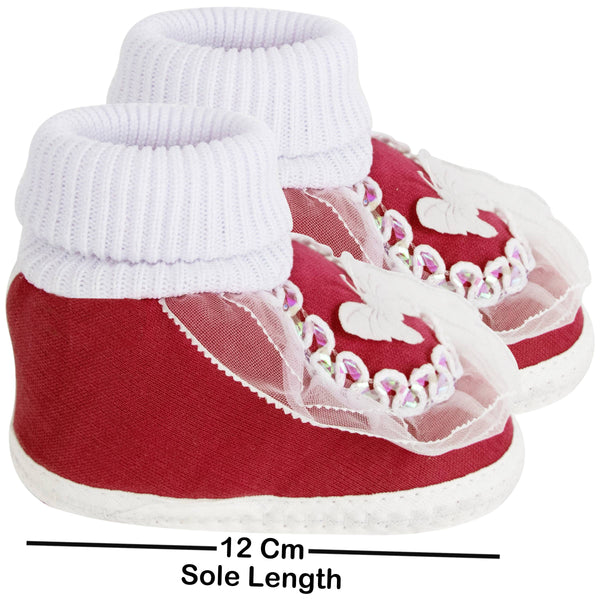 6 To 12 Months Baby Girls & Baby Boys Soft Cotton Butterfly Booties (White, Maroon)-BT17