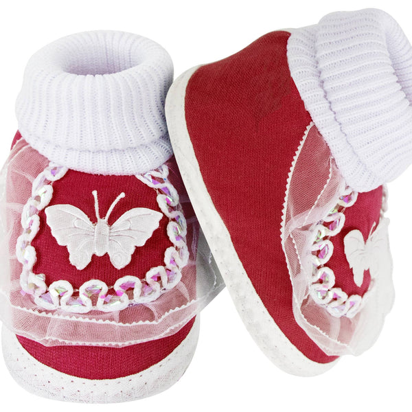 6 To 12 Months Baby Girls & Baby Boys Soft Cotton Butterfly Booties (White, Maroon)-BT17