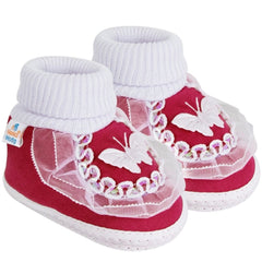 6 To 12 Months Baby Girls & Baby Boys Soft Cotton Butterfly Booties (White, Maroon)-BT17
