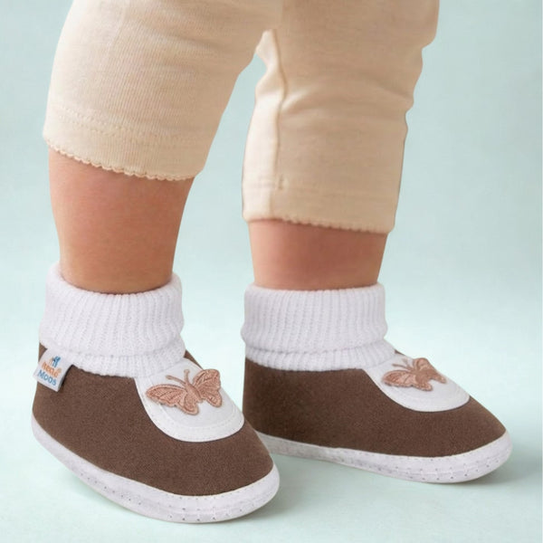6 To 12 Months Baby Boys & Girls Soft Cotton Cute Butterfly Face Plain Booties (Brown)-BT2148