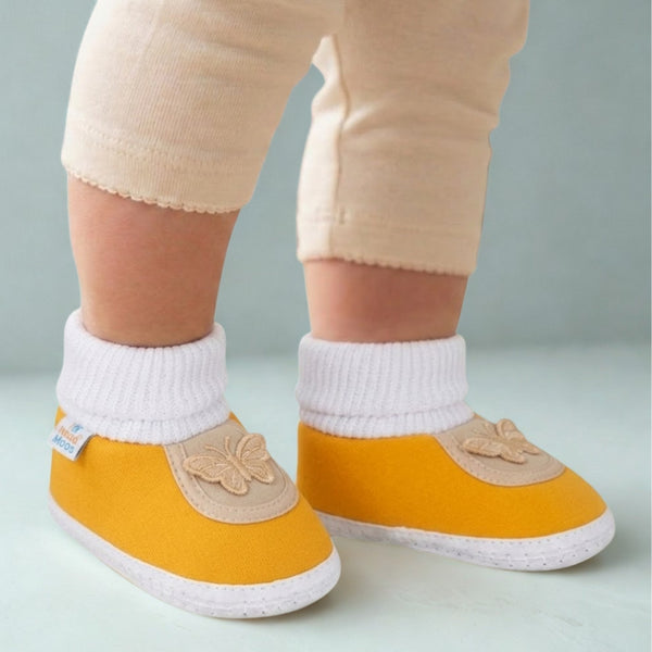 6 To 12 Months Baby Boys & Girls Soft Cotton Butterfly Face Plain Booties (Turmeric)-BT2150