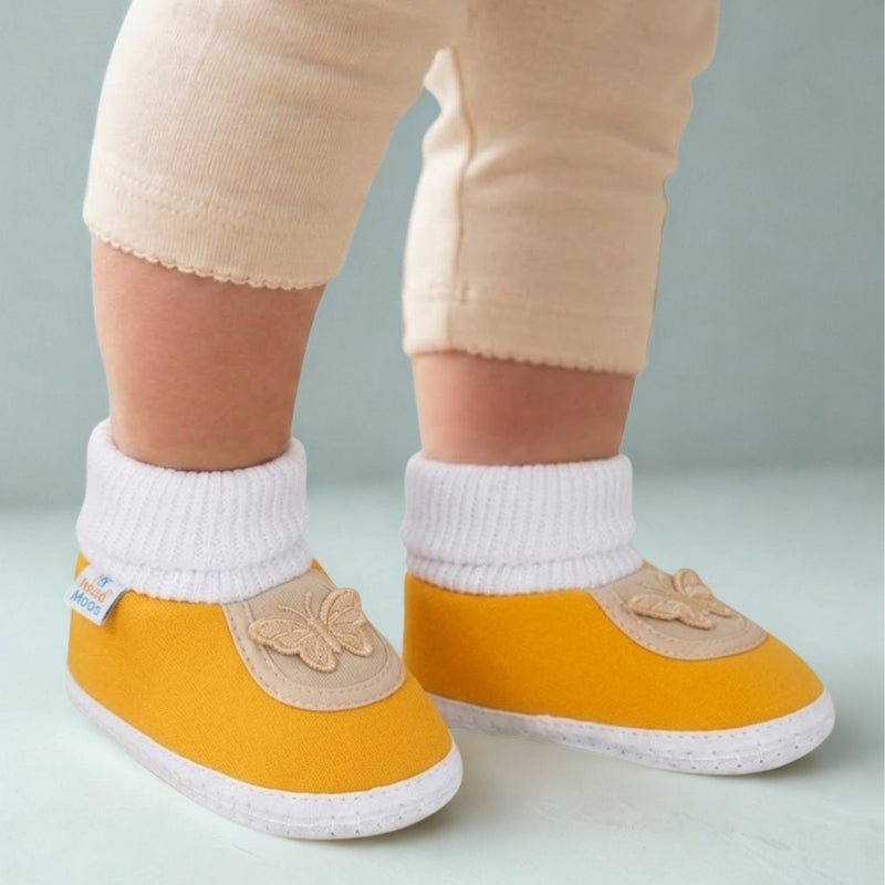 6 To 12 Months Baby Boys & Girls Soft Cotton Butterfly Face Plain Booties (Turmeric)-BT2150