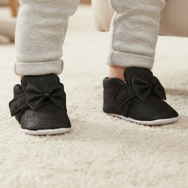 Baby Girls Cotton Partywear Bow Black Velcro Booties-BT2242