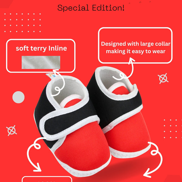 6 To 12 Months Baby Boys & Girls Cute Soft Cotton Velcro Shoes Booties (Black, Red)-BT2243