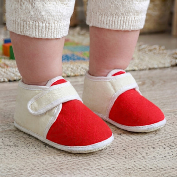 6 To 12 Months Baby Boys & Girls Cute Soft Cotton Velcro Shoes Booties (White, Red)-BT2247