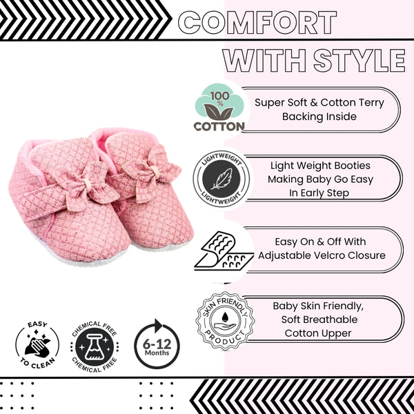 Baby Girls Cotton Checkered Pink Bow Shoes-BT2532