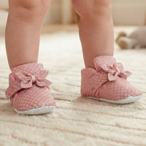 Baby Girls Cotton Checkered Pink Bow Shoes-BT2532