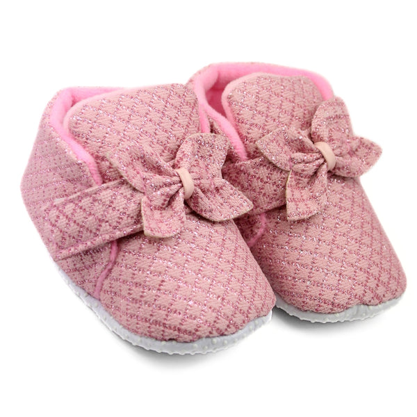 Baby Girls Cotton Checkered Pink Bow Shoes-BT2532