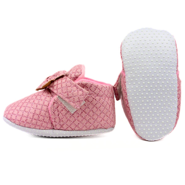 Baby Girls Cotton Checkered Pink Bow Shoes-BT2532