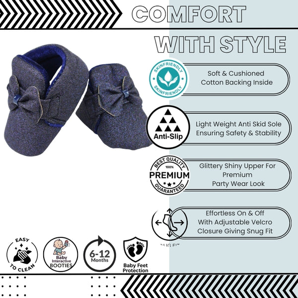 Baby Girls Cotton Partywear Bow Blue Velcro Booties-BT3113