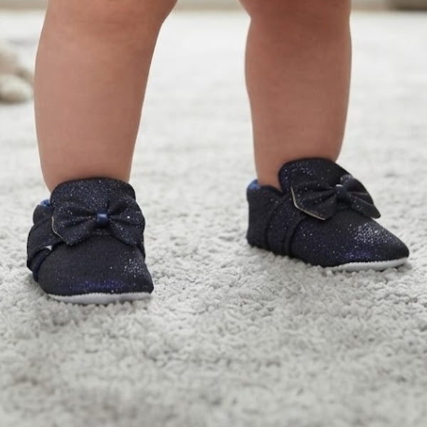 Baby Girls Cotton Partywear Bow Blue Velcro Booties-BT3113