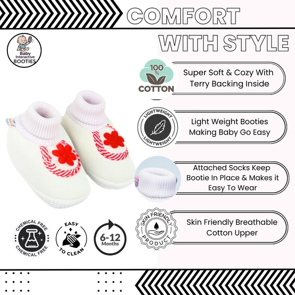6 To 12 Months Baby Boys & Baby Girls Cotton Slip-On Shoes/ Booties (White, Red)-BT3119