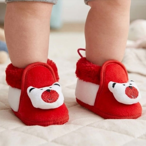 Baby Unisex Fur Teddy Bear Face Red,White Lace Booties-BT3355