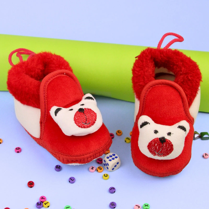 Baby Unisex Fur Teddy Bear Face Red,White Lace Booties-BT3355