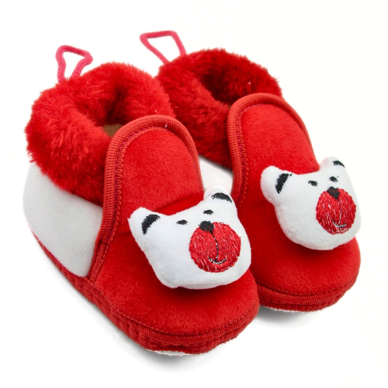 Baby Unisex Fur Teddy Bear Face Red,White Lace Booties-BT3355