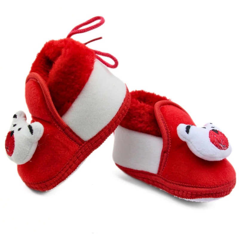 Baby Unisex Fur Teddy Bear Face Red,White Lace Booties-BT3355