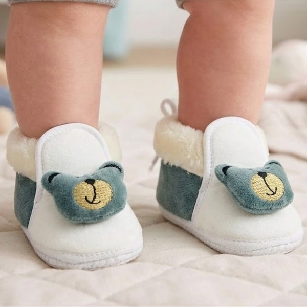 Baby Unisex Fur Bear Face White,Grey Lace Booties-BT3357