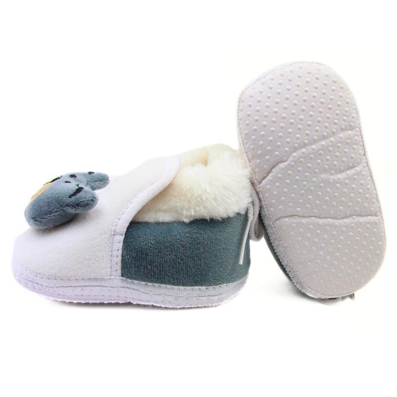 Baby Unisex Fur Bear Face White,Grey Lace Booties-BT3357