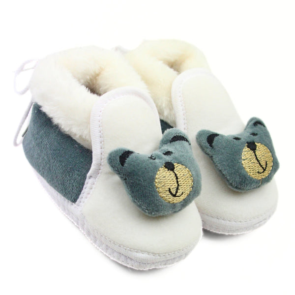 Baby Unisex Fur Bear Face White,Grey Lace Booties-BT3357