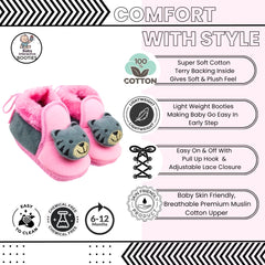 Baby Unisex Fur Bear Face Pink,Grey Lace Booties-BT3364