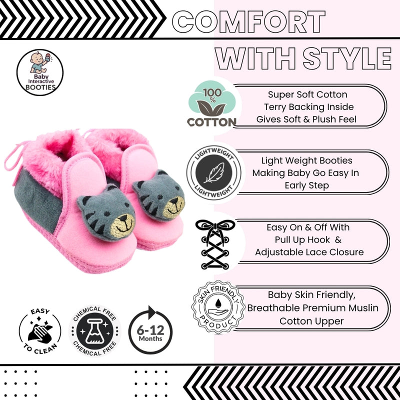 Baby Unisex Fur Bear Face Pink,Grey Lace Booties-BT3364