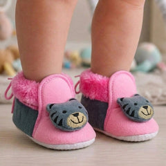 Baby Unisex Fur Bear Face Pink,Grey Lace Booties-BT3364