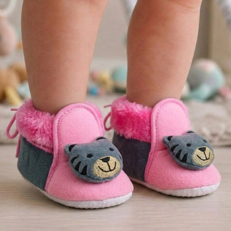 Baby Unisex Fur Bear Face Pink,Grey Lace Booties-BT3364