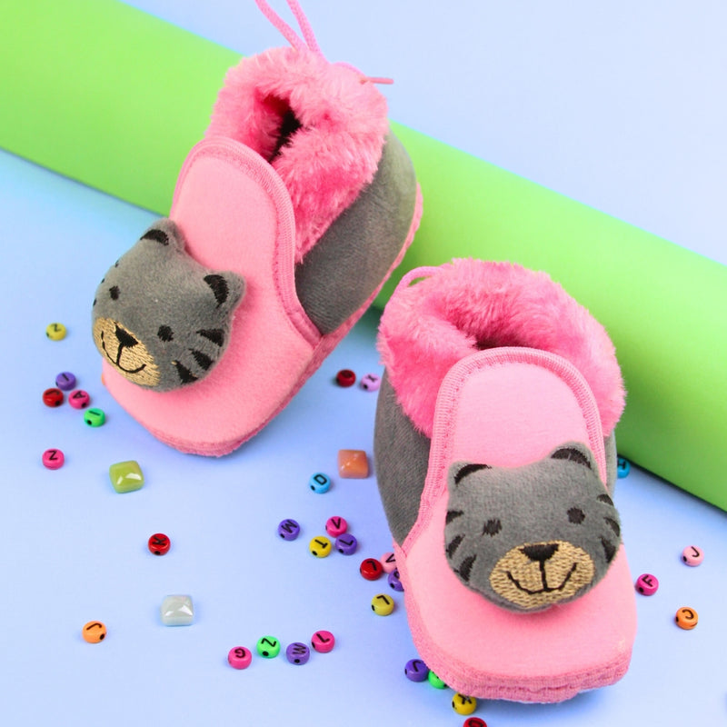 Baby Unisex Fur Bear Face Pink,Grey Lace Booties-BT3364