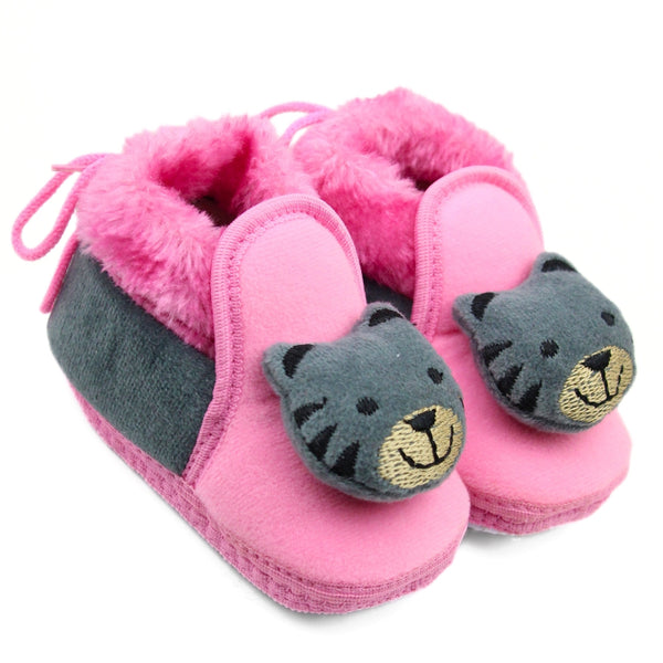 Baby Unisex Fur Bear Face Pink,Grey Lace Booties-BT3364