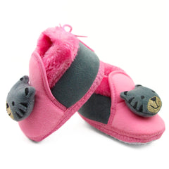 Baby Unisex Fur Bear Face Pink,Grey Lace Booties-BT3364