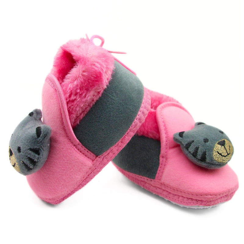 Baby Unisex Fur Bear Face Pink,Grey Lace Booties-BT3364