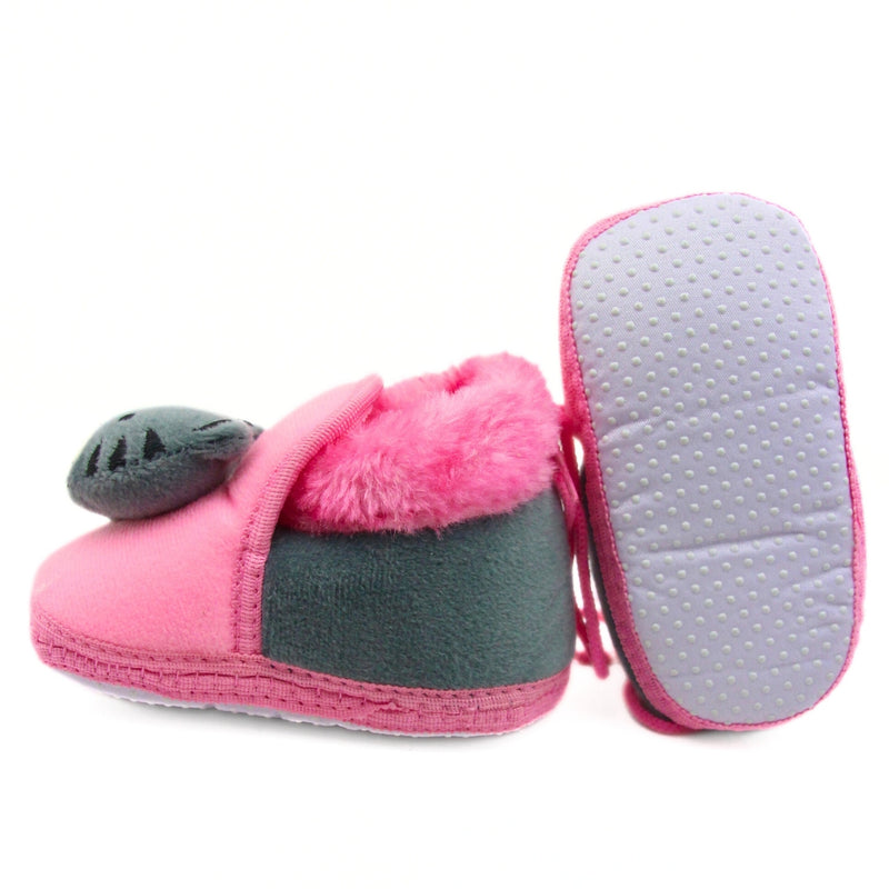 Baby Unisex Fur Bear Face Pink,Grey Lace Booties-BT3364