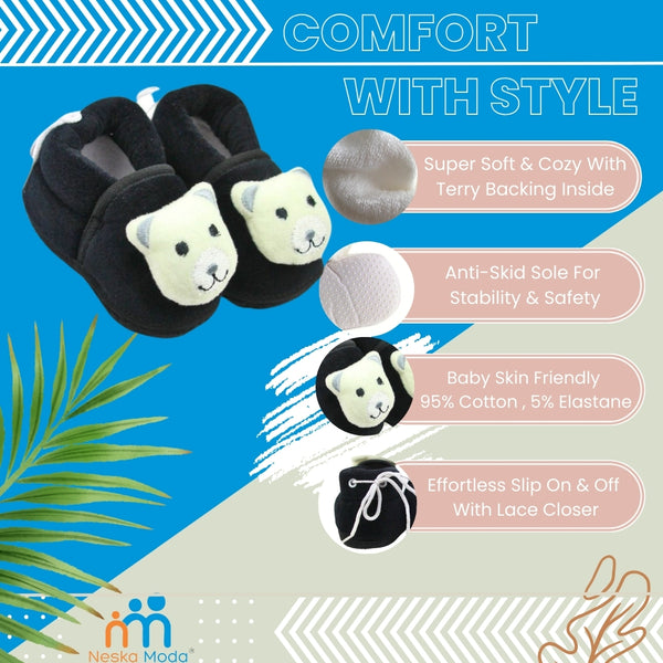 Baby Unisex Cotton and Fur Teddy Bear Black,White Face Booties-BT3366