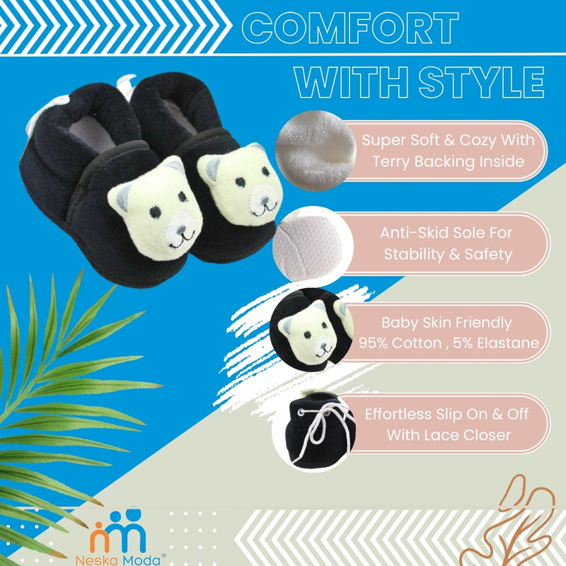 Baby Unisex Cotton and Fur Teddy Bear Black,White Face Booties-BT3366