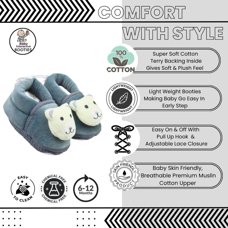 Baby Unisex Cotton and Fur Teddy Bear Face Grey,White Booties-BT3367