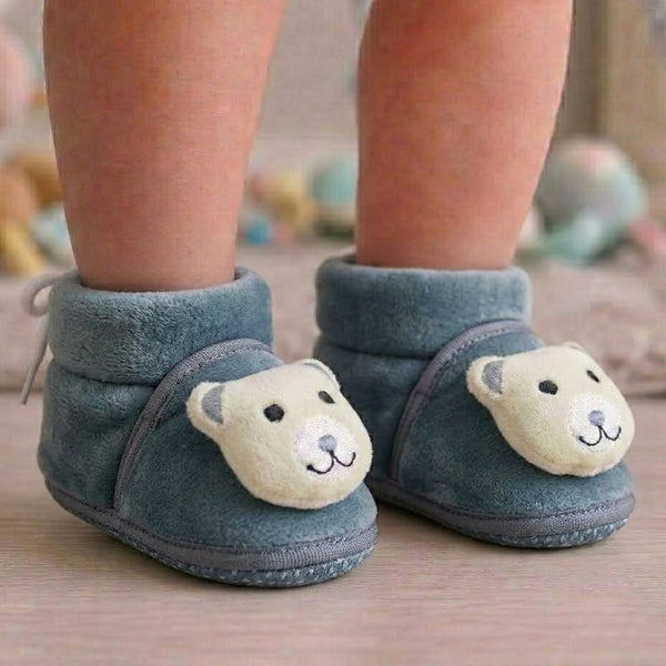 Baby Unisex Cotton and Fur Teddy Bear Face Grey,White Booties-BT3367