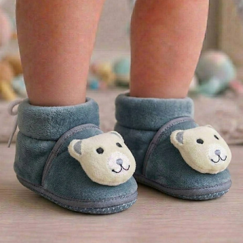 Baby Unisex Cotton and Fur Teddy Bear Face Grey,White Booties-BT3367