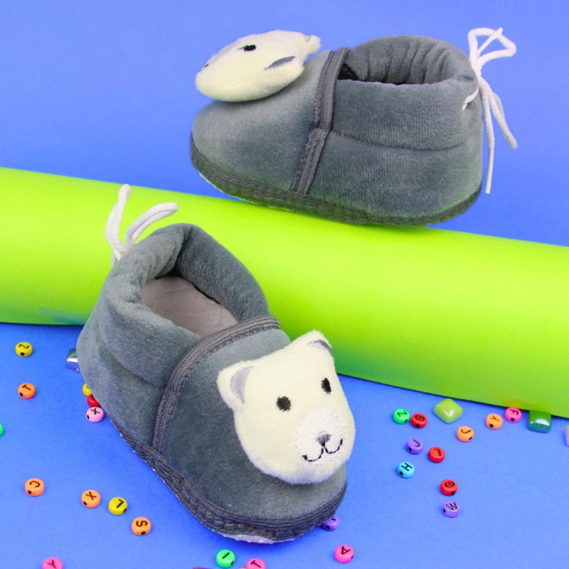 Baby Unisex Cotton and Fur Teddy Bear Face Grey,White Booties-BT3367