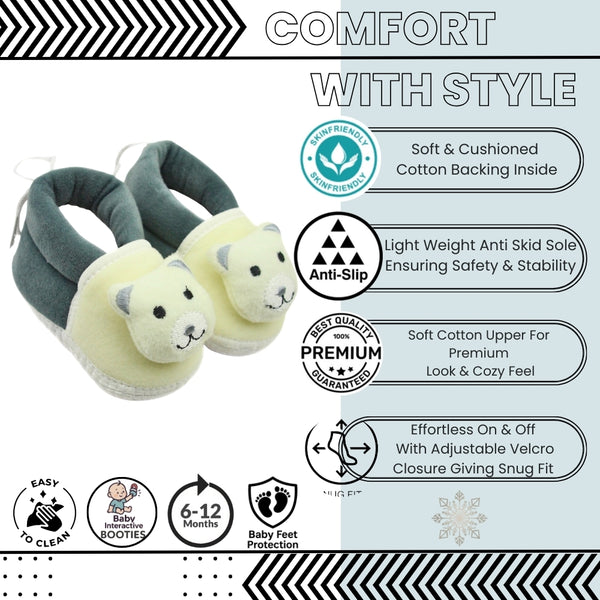 Baby Unisex Cotton and Fur Teddy Bear Face Grey,White Booties-BT3368