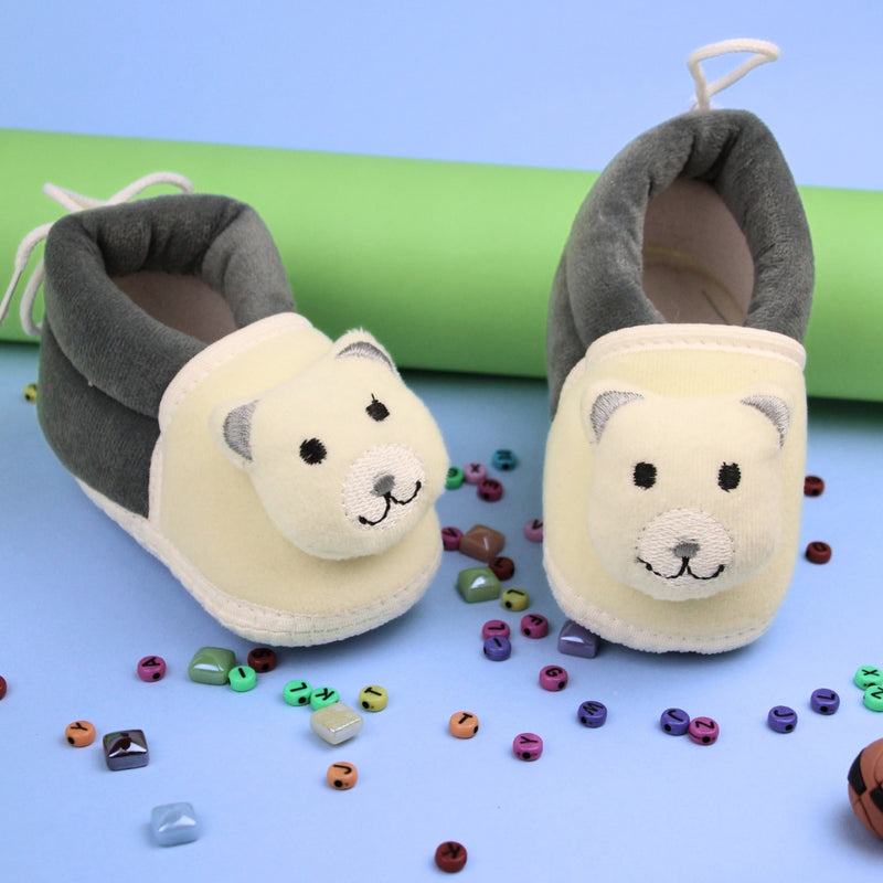 Baby Unisex Cotton and Fur Teddy Bear Face Grey,White Booties-BT3368