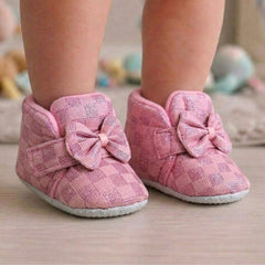 Baby Girls Cotton Checkered Pink Bow Shoes-BT3455