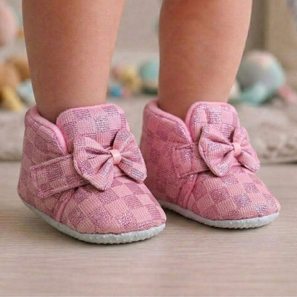 Baby Girls Cotton Checkered Pink Bow Shoes-BT3455