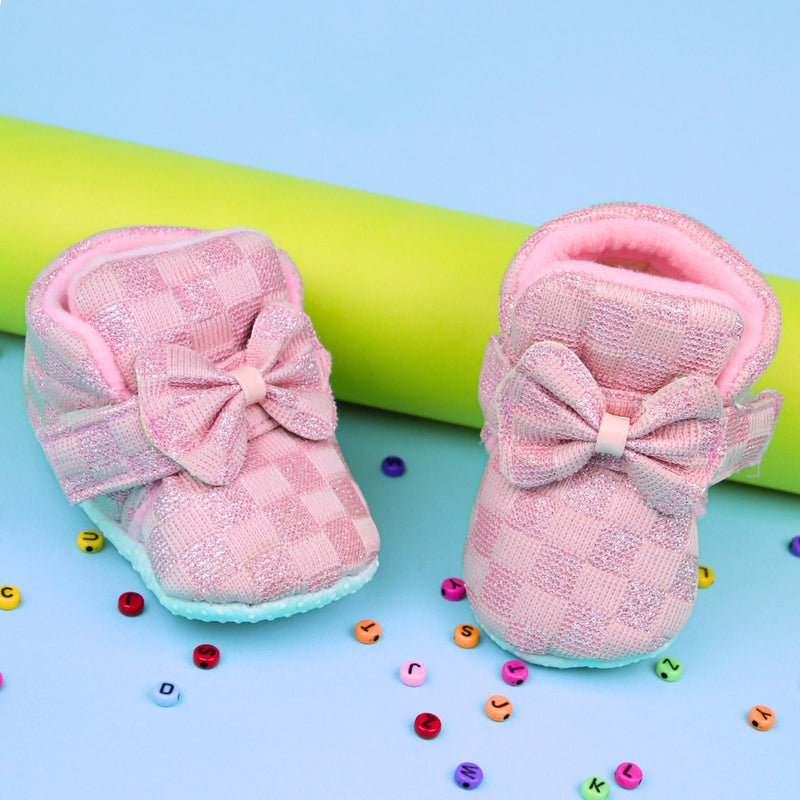 Baby Girls Cotton Checkered Pink Bow Shoes-BT3455