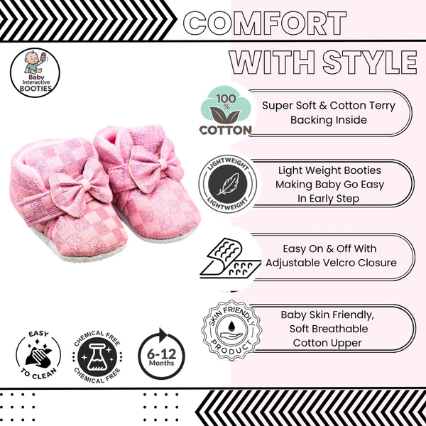 Baby Girls Cotton Checkered Pink Bow Shoes-BT3455