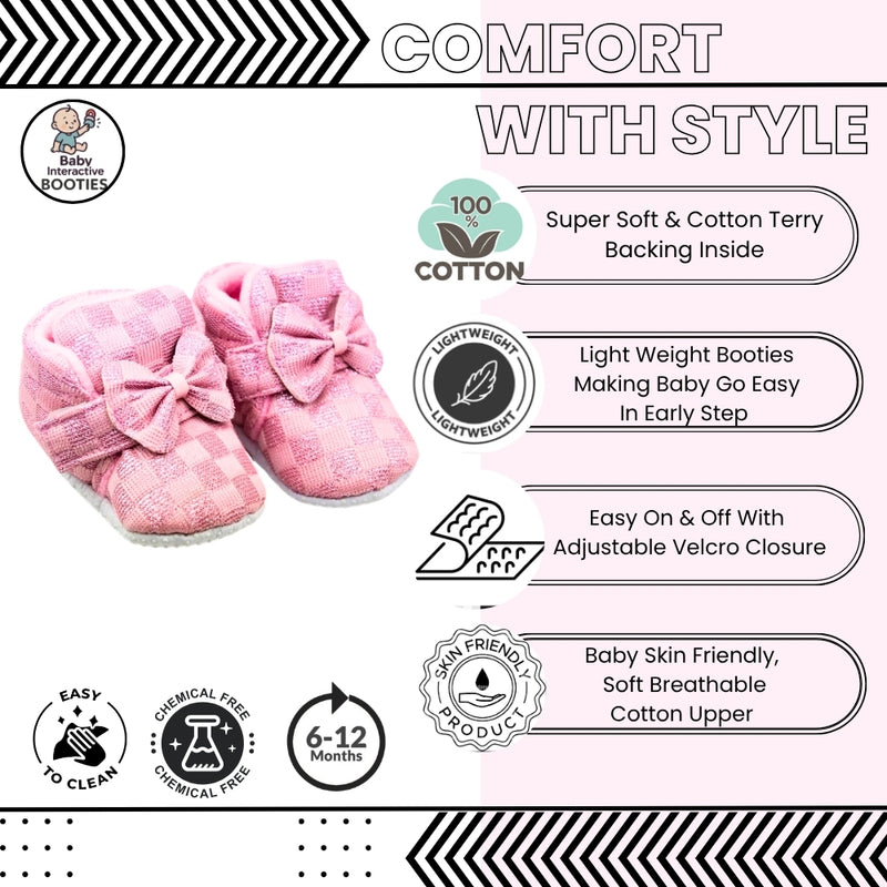 Baby Girls Cotton Checkered Pink Bow Shoes-BT3455