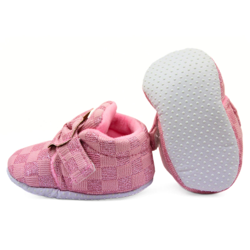 Baby Girls Cotton Checkered Pink Bow Shoes-BT3455