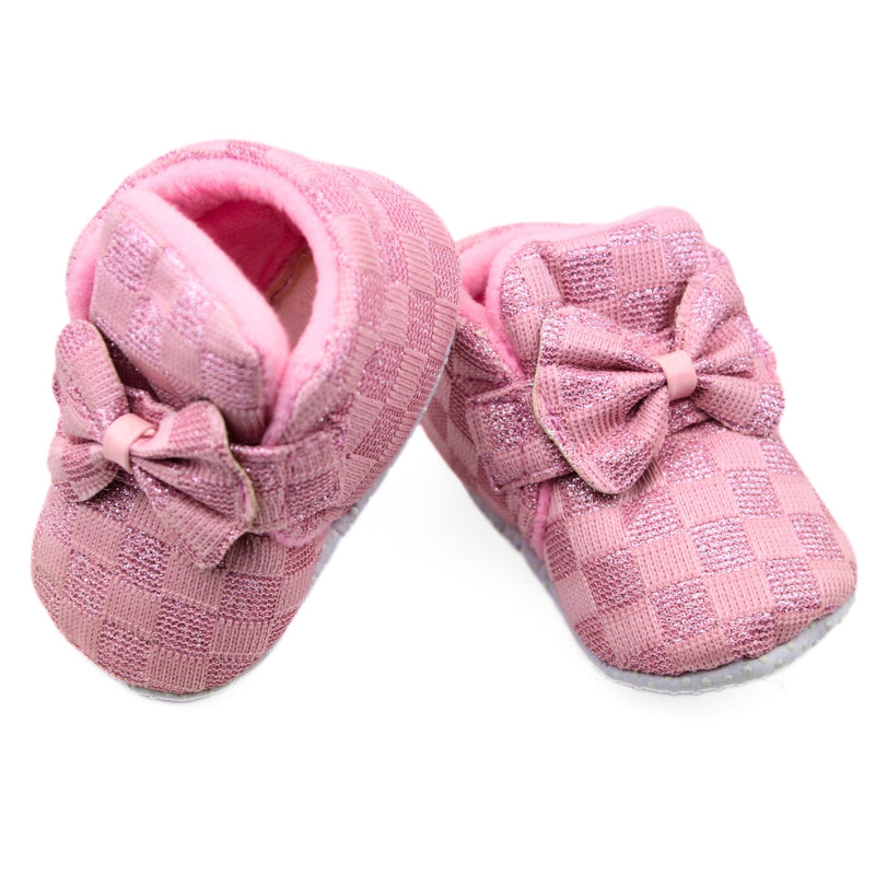 Baby Girls Cotton Checkered Pink Bow Shoes-BT3455