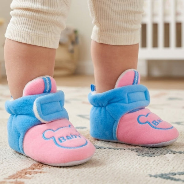 Baby Unisex Animal Printed Velvet Pink,Blue Velcro Shoes-BT3470